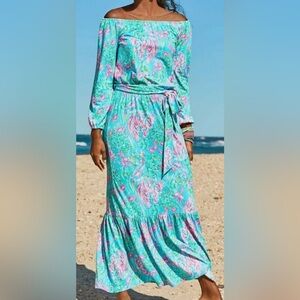 Lilly Pulitzer Odella Maxi Dress Off The Shoulder Amalfi Blue Wishes L